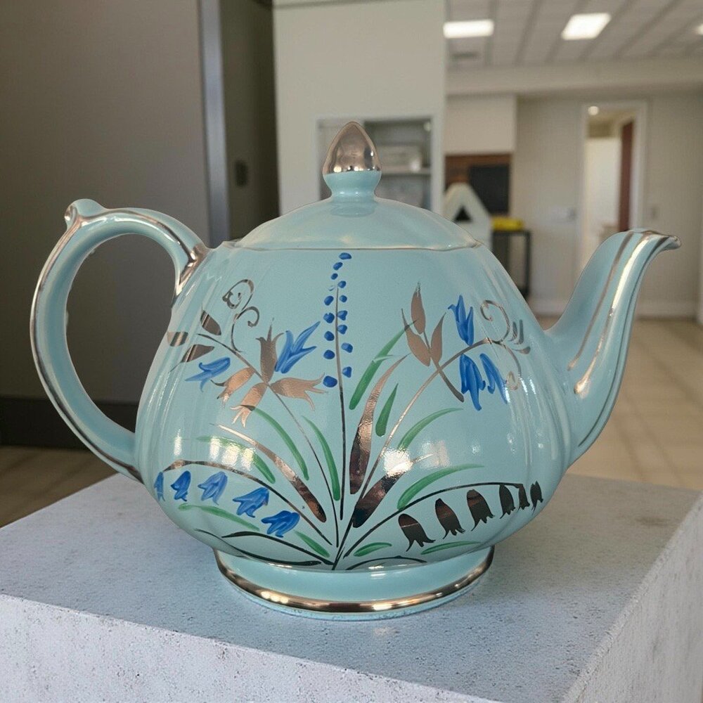 Vintage Sadler England Teapot Light Blue & Silver Floral Collectible Teapot 1604